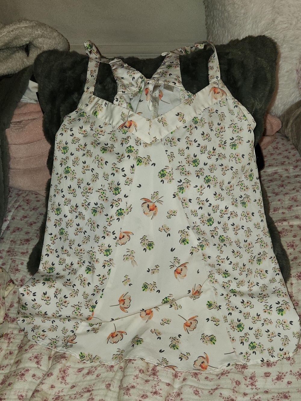 LC Lauren Conrad Cream Floral Sleep Tank with Peach Accents